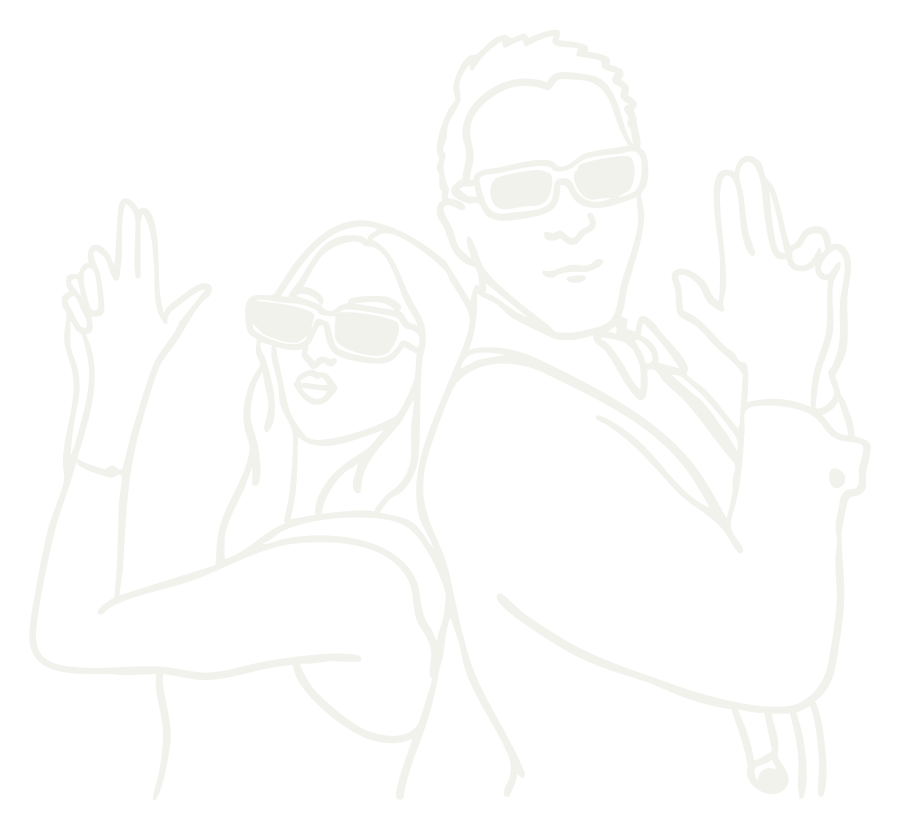 Line drawing of a man and woman wearing sunglasses, back-to-back, making peace signs with their hands.