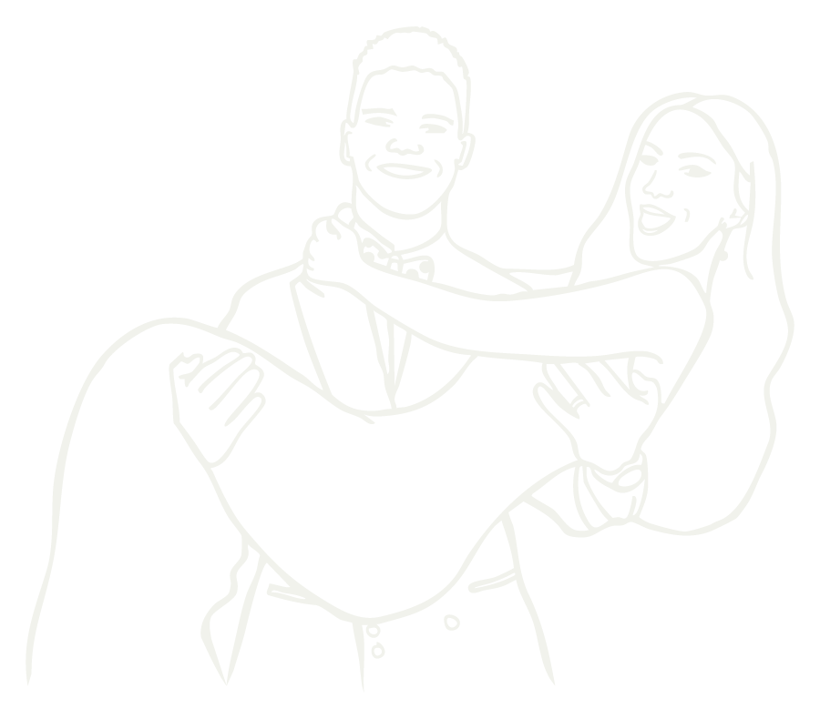 Line drawing of a man in a tuxedo carrying a woman who is smiling and has her arms around his neck.