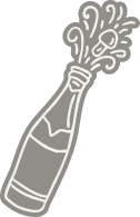 Line drawing of a hand holding a champagne bottle popping, with bubbles and spray coming out.