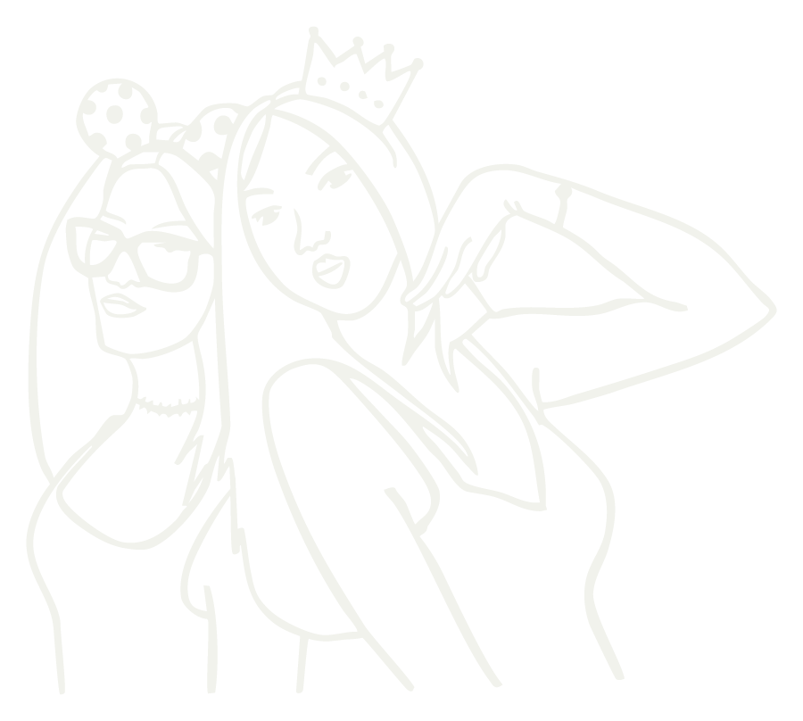 Line drawing of two women wearing sunglasses and crowns, one with a casual pose and the other with a hand near her face, set against a black background.