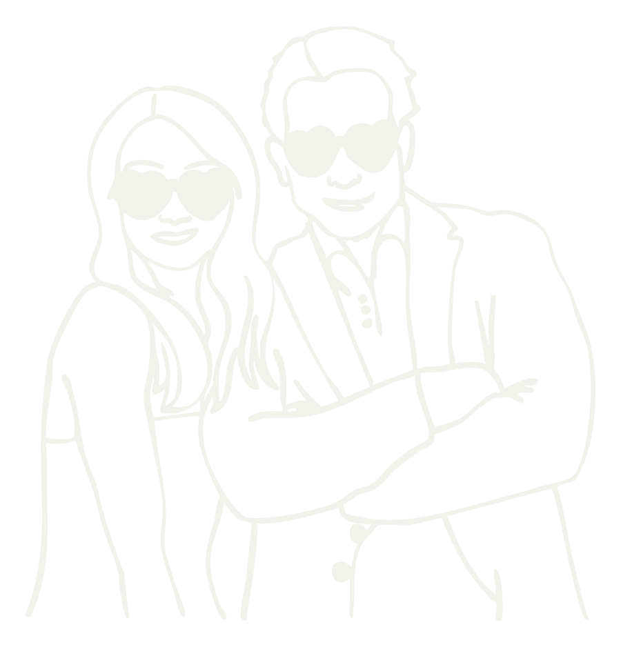 Line drawing of a man and woman standing side by side, both wearing sunglasses, with arms crossed, smiling.