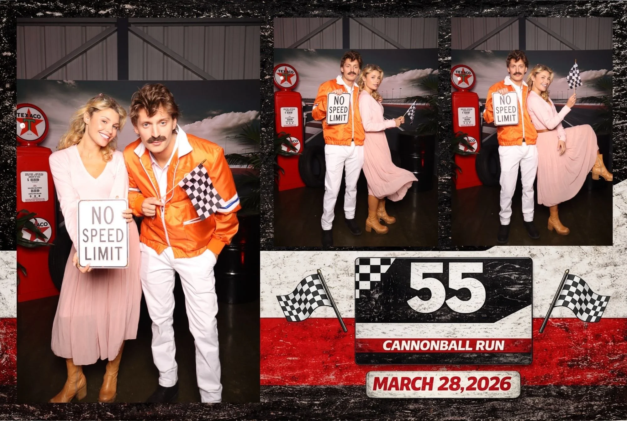 A man and woman pose at an indoor go-kart race event. The man wears an orange racing jacket, white pants, black shoes, and has a fake mustache. The woman wears a pink dress, tan boots, and holds a checkered flag. The background features a race-themed wall with signs, flags, and a date of March 28, 2026, for the Cannoball Run event.