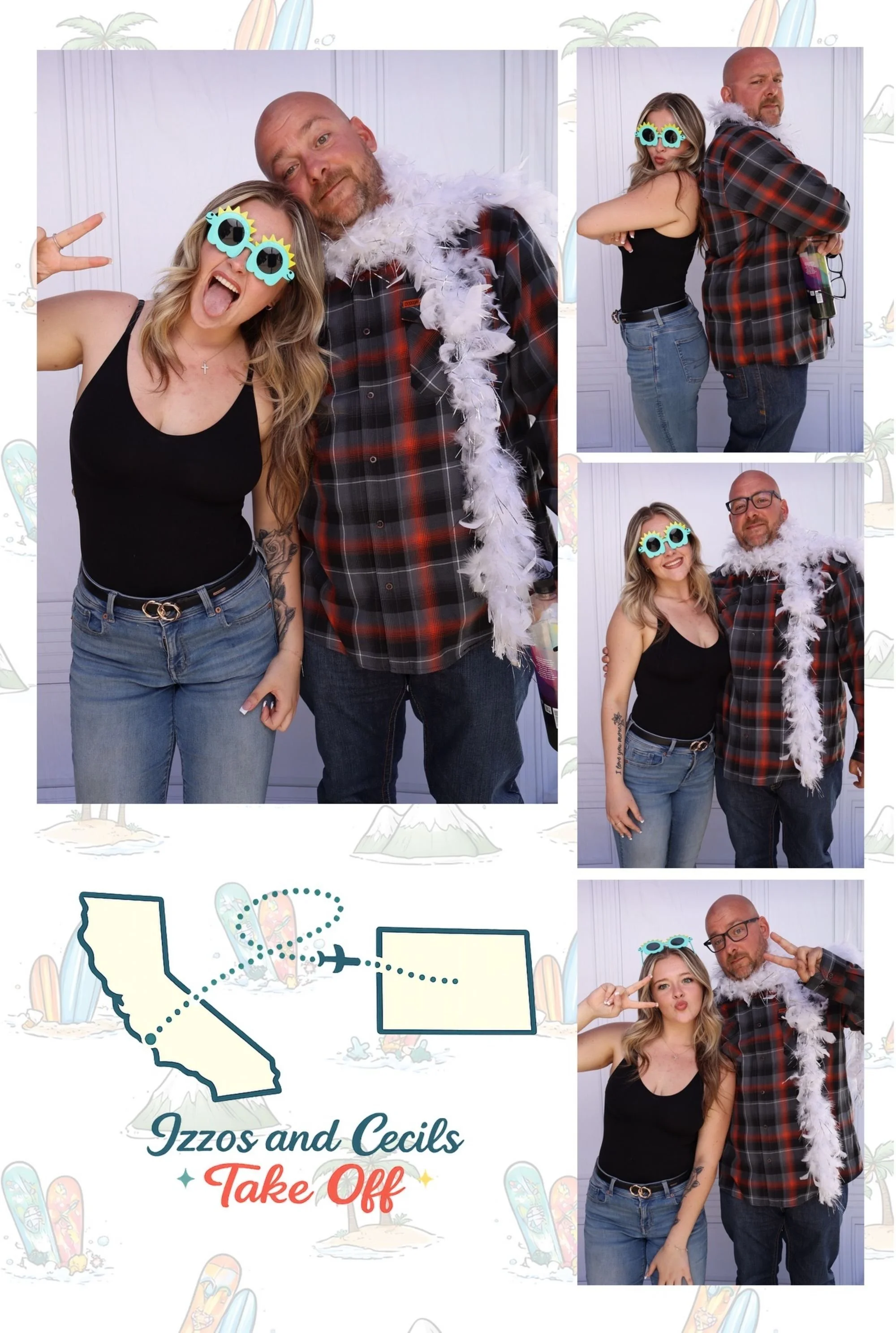 Group photo with two women and two men, posing playfully in front of a white background at a farewell event. The women wear black tops, jeans, and fun sunglasses, while the men wear plaid shirts and have props like a feather boa, sunglasses, and a peace sign. One man is bald with a beard, and the other wears glasses. The photo appears to be taken during a festive or casual gathering.