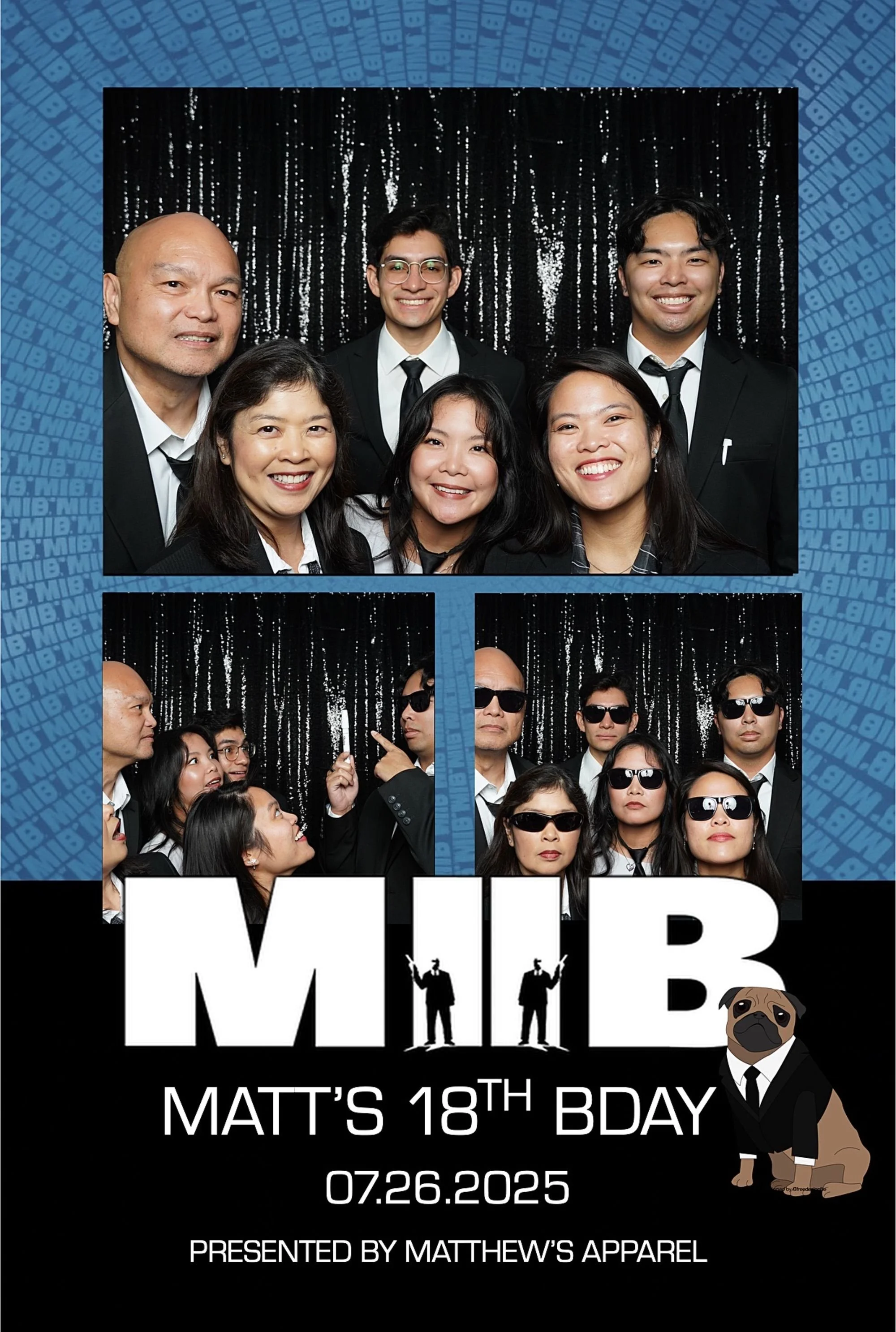 A poster for Matthew's 18th birthday party on July 26, 2025, with a photo of a group of seven people dressed in formal black suits and ties, standing in front of a black sequin backdrop. The poster features bold white text and a cartoon illustration of a dog dressed in a tuxedo.