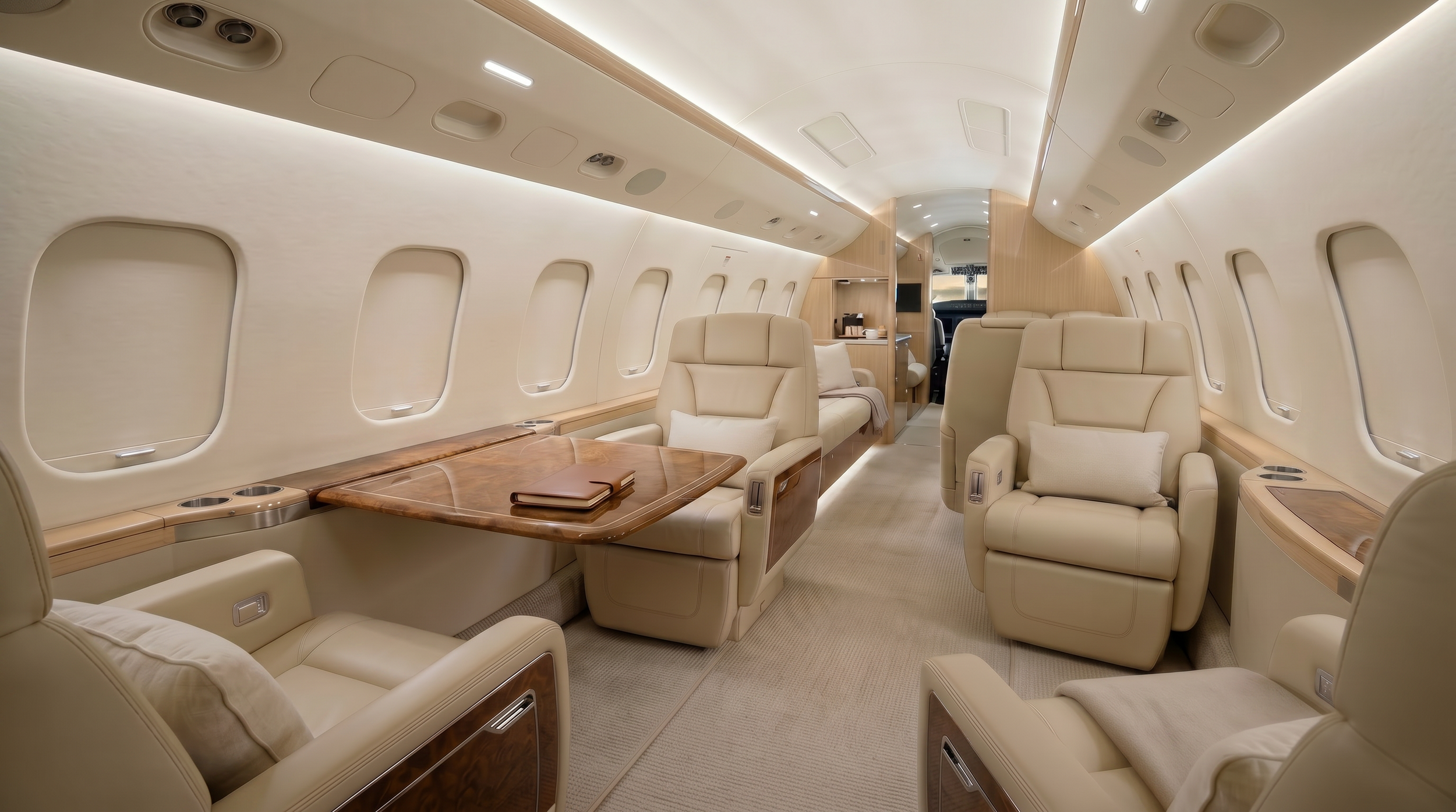 Luxury private aircraft cabin after professional interior detailing, featuring clean leather seating, polished surfaces, and a spotless cabin.