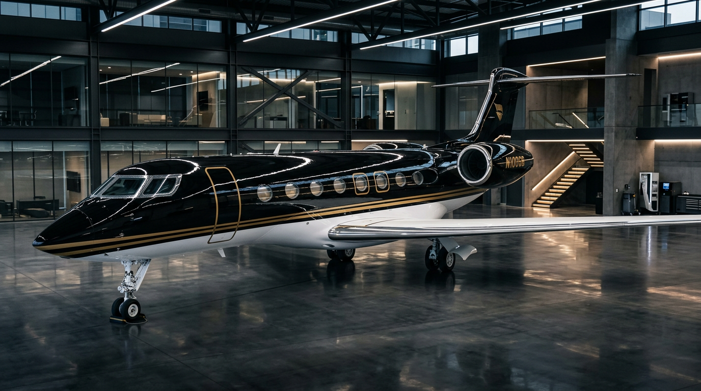 Technician-quality exterior aircraft detailing on a business jet, including fuselage, wings, and nose cleaning.