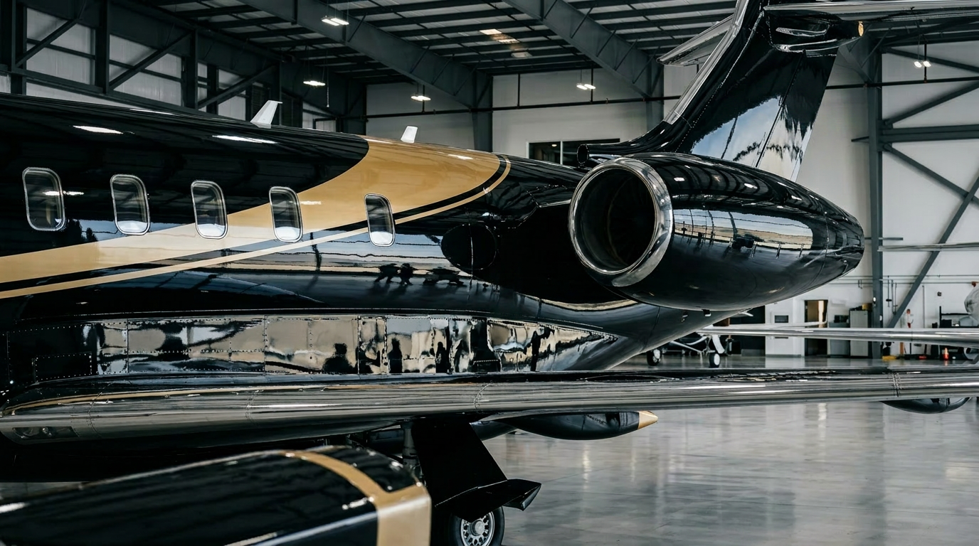 Business jet with a professionally applied ceramic coating, creating a deep gloss and long-lasting surface protection.