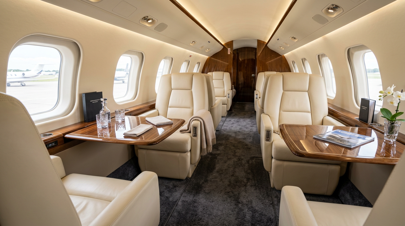 Professional aircraft cabin detailing with clean leather seating, spotless windows, and refreshed interior surfaces.