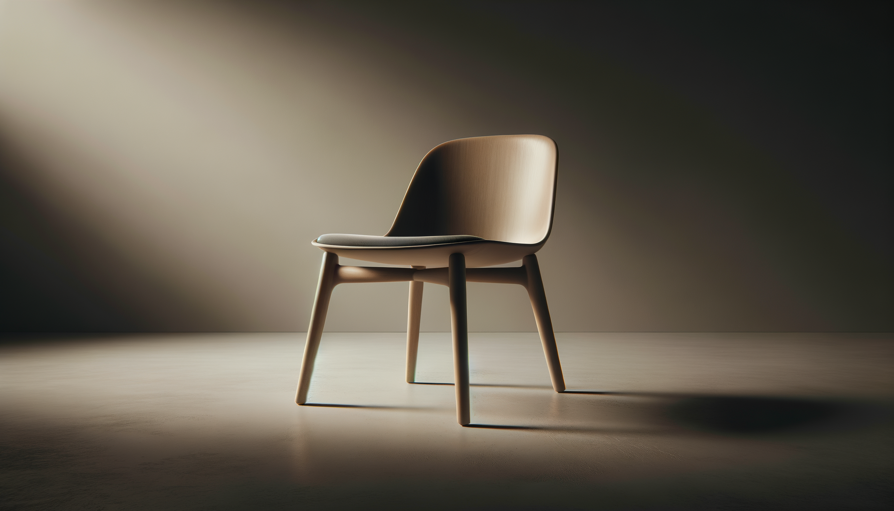 A modern, minimalist wooden chair with a curved backrest, illuminated by a soft light in an empty room.