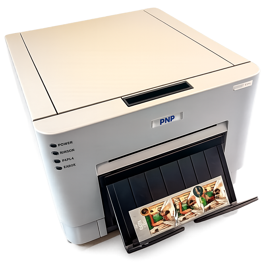 A PNP-brand white dot matrix printer printing a colorful photo of two children sitting on a couch.