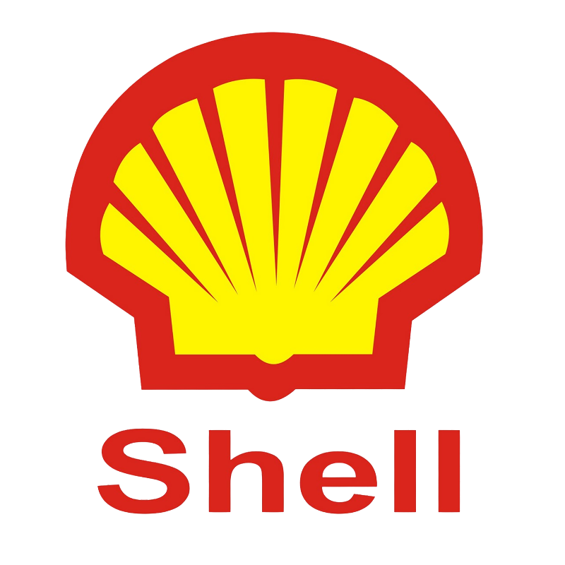 Shell logo with a yellow shell graphic and red background, with the word 'Shell' in red text below.