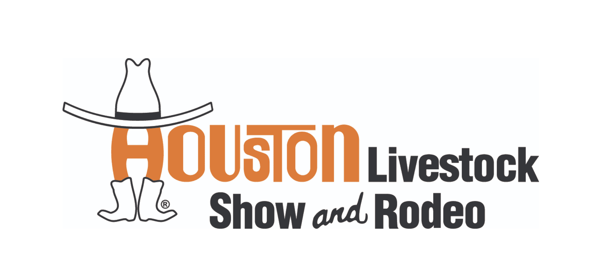Logo for the Houston Livestock Show and Rodeo featuring a cowboy hat, cowboy boots, the letter H in orange, and text in black.