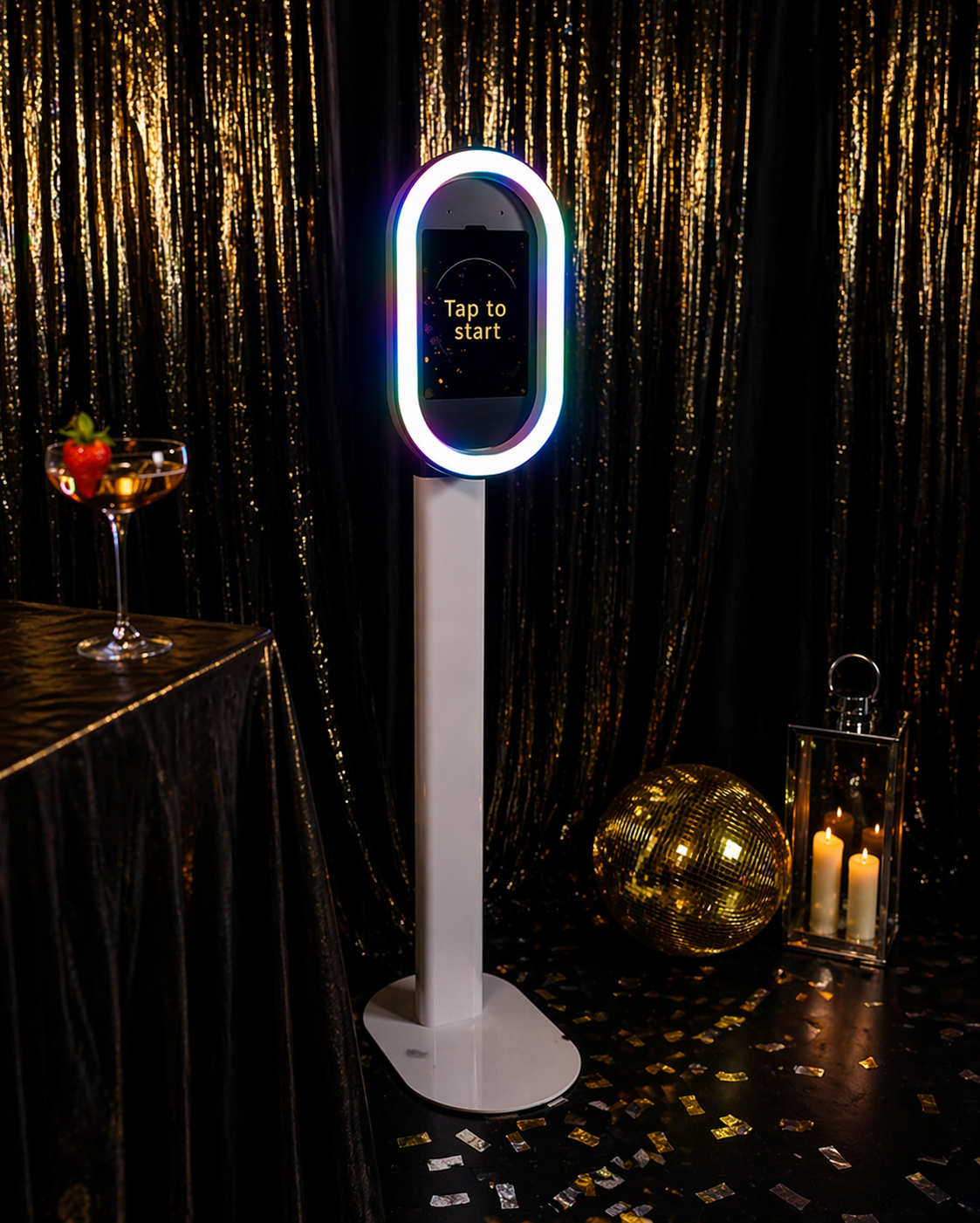 A digital kiosk with a glowing multicolored oval frame displaying 'Tap to start' on the screen, set against a black and gold curtain backdrop, with a cocktail glass with a strawberry on the rim on a table to the left, and gold confetti, a gold disco ball, and candles in a lantern on the floor to the right.