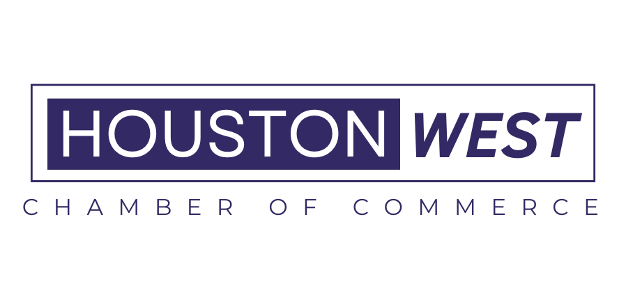 Logo of Houston West Chamber of Commerce with a dark background, featuring the words 'Houston West' in large white and purple letters, and 'Chamber of Commerce' in smaller purple letters below.