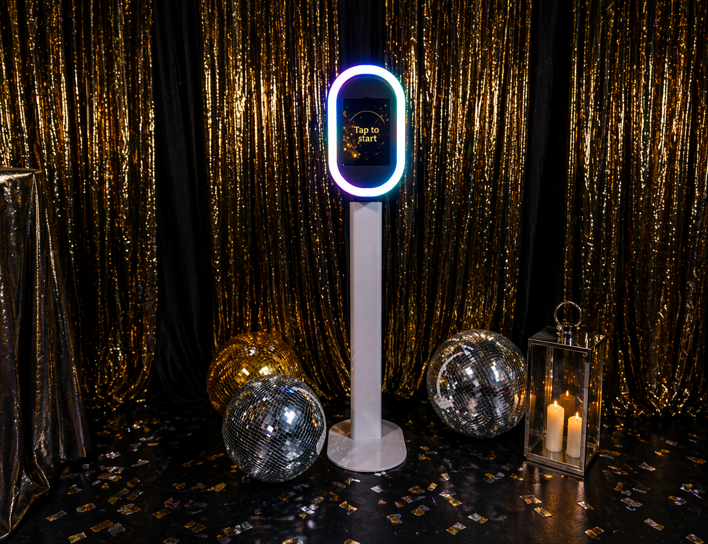 A futuristic photo booth with a digital screen that says 'Tap to start' in a space decorated with gold and silver disco balls, candles in a lantern, and gold streamers.