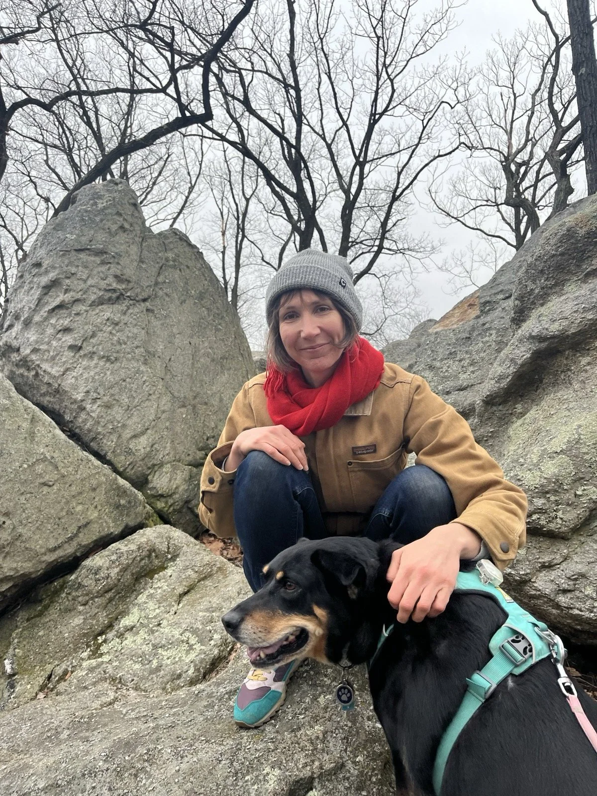 A woman crouching between large rocks with a black and brown dog on a leash, in a wooded area with leafless trees and overcast sky.