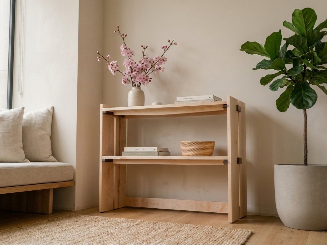 maple hardwood shelving with walnut joinery fixtures
