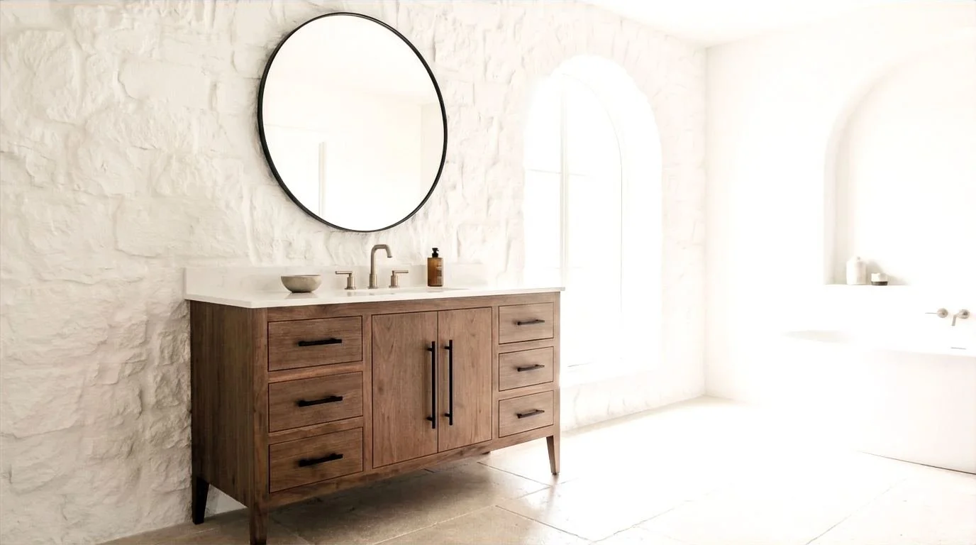 walnut vanity in tranquil bathroom space