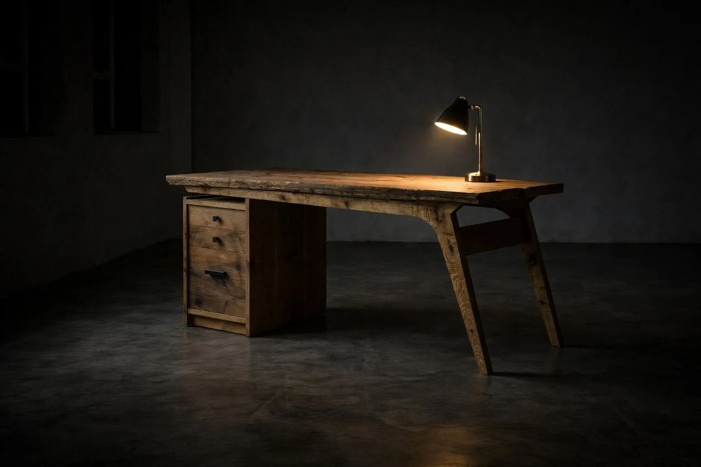 bespoke desk photographed at night