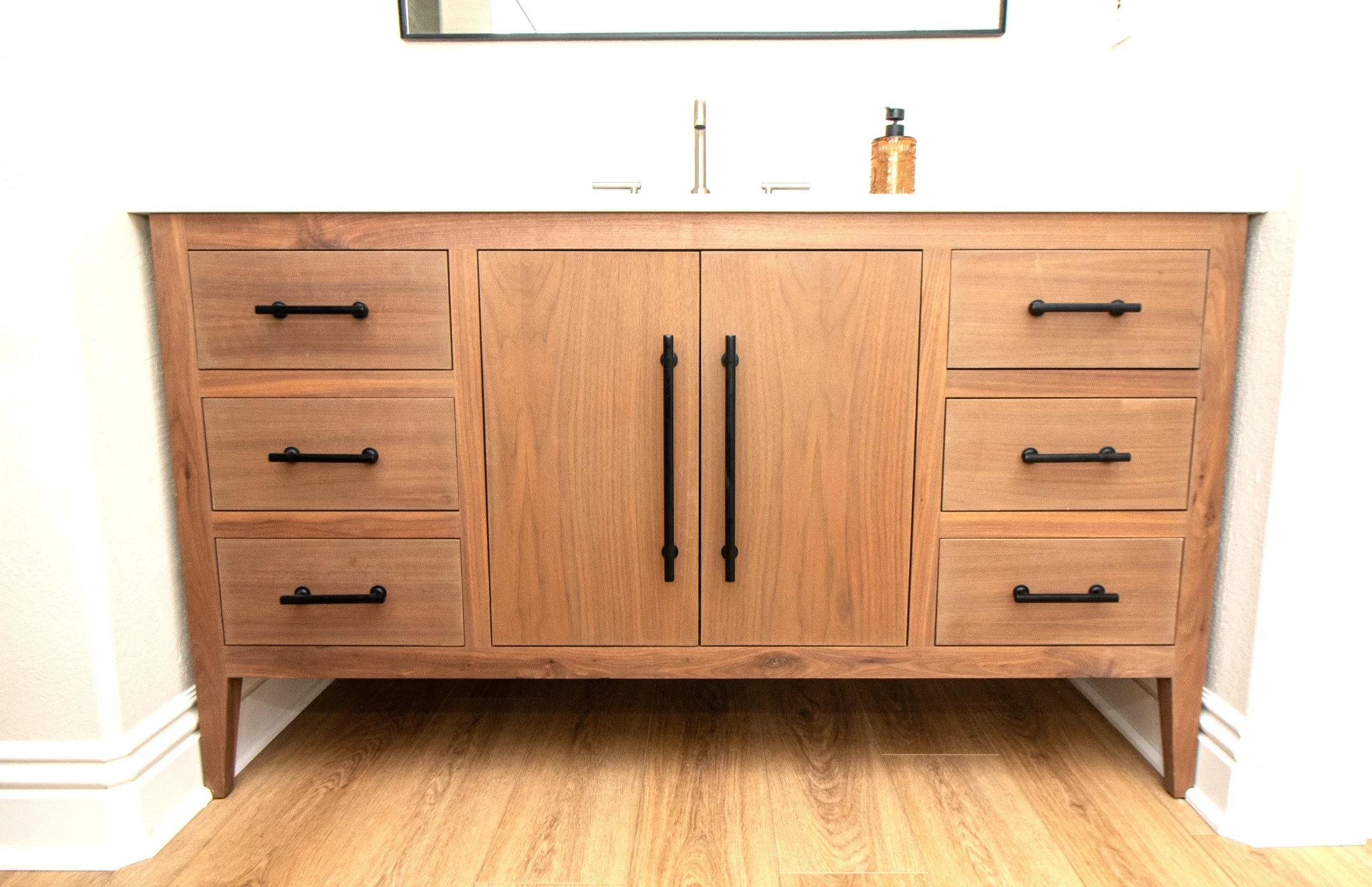 free standing walnut vanity cabinet