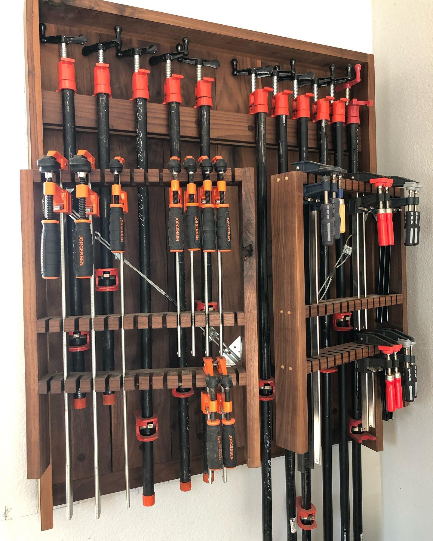 walnut clamp rack custom made for the shop 