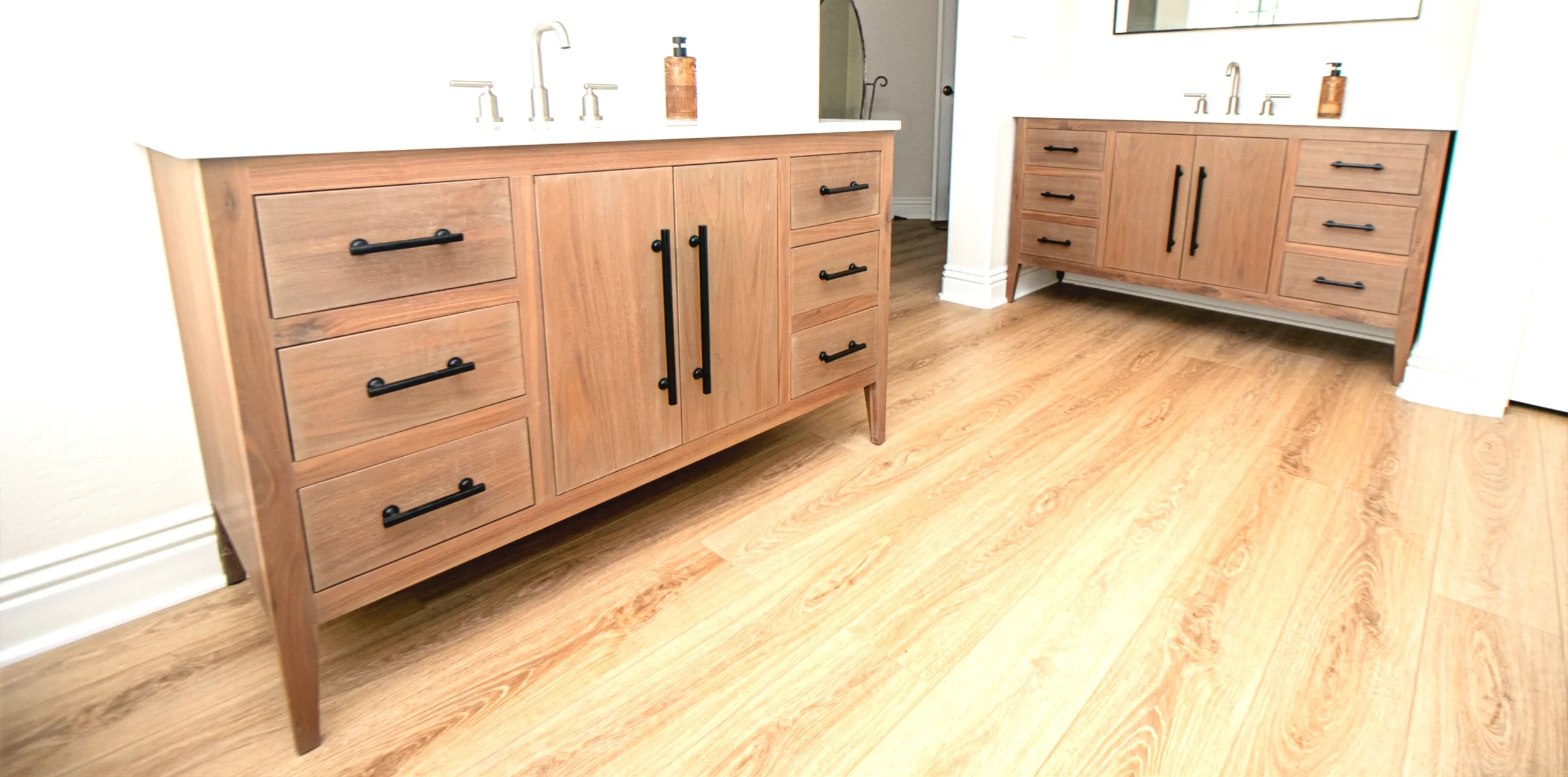 dual matching walnut vanity cabinets