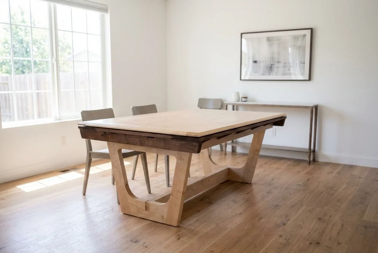 custom dining table made with maple and walnut hardwood featuring a recessed gaming vault below