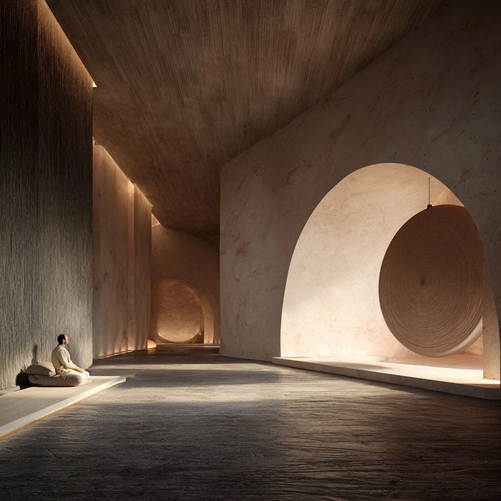 A person sitting cross-legged on a cushion in a spacious, minimalist interior with large archways, textured walls, and warm lighting.