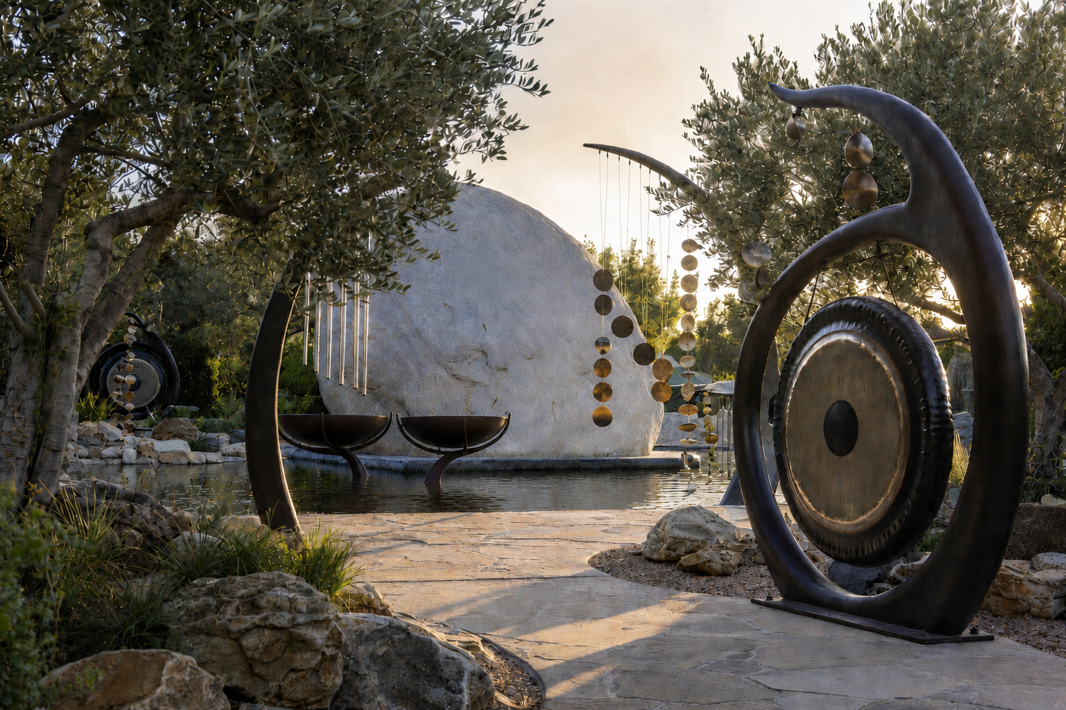 Outdoor landscape with large white rock sculpture, surrounded by trees and modern sculptures, including a circular gong and hanging metallic orbs, at sunset.