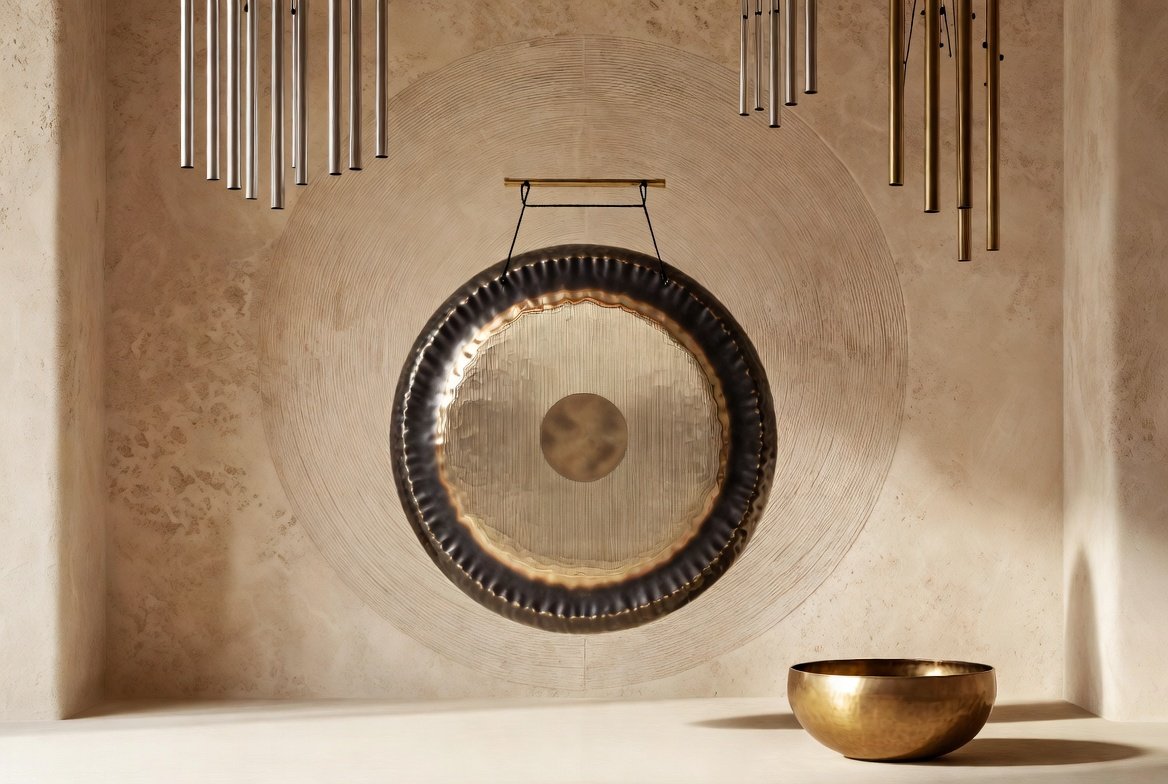 Modern interior with a large circular gong hanging on a textured wall, and a small round metallic bowl on a countertop.