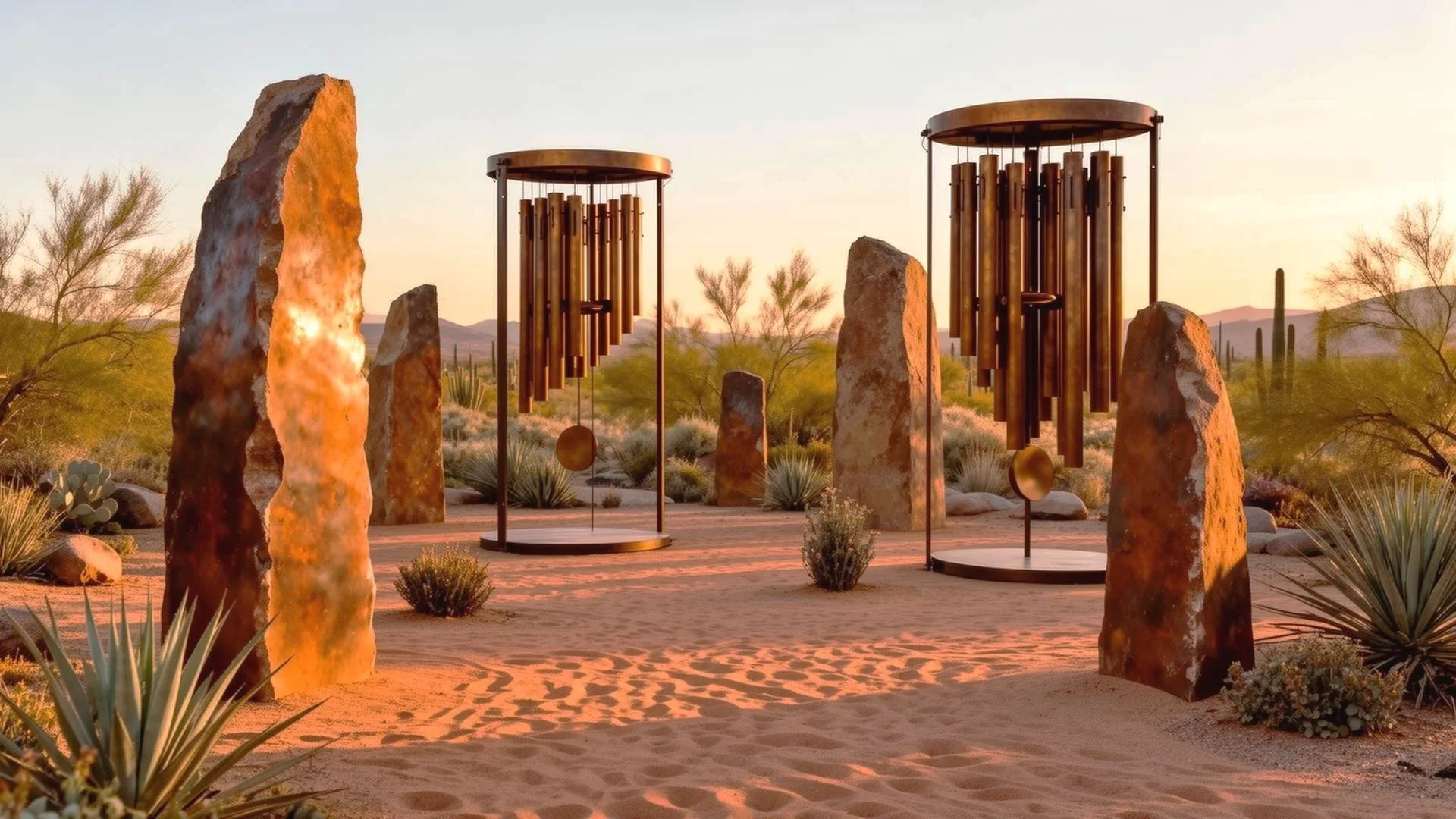 Two large outdoor wind chimes situated among desert rocks and plants in a desert landscape at sunset.