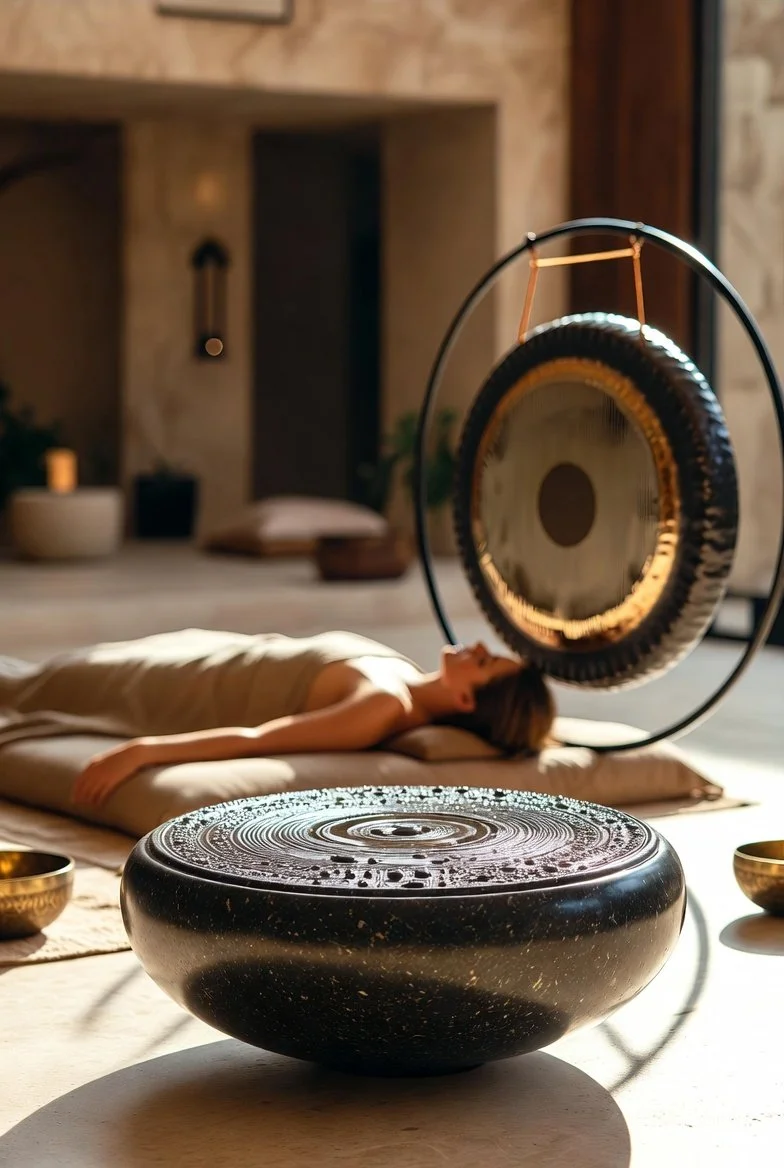 A woman lying on a mat with her eyes closed, practicing sound healing with a large gong and crystal singing bowls in a serene, softly lit room.
