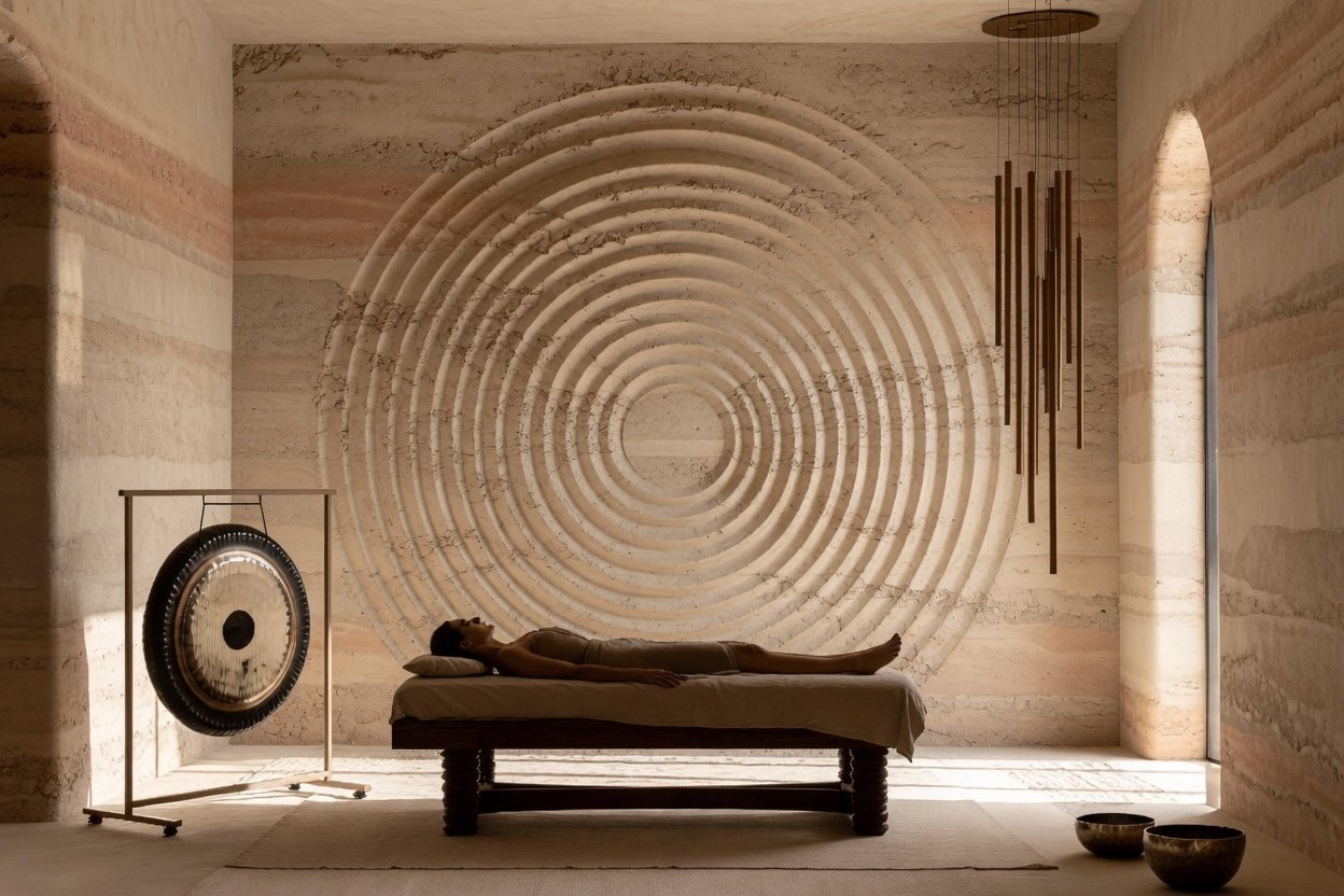 A woman lying on a bed in a minimalist room with a large circular wall art and hanging metallic sculptures, soft natural light, and meditation bowls on the floor.