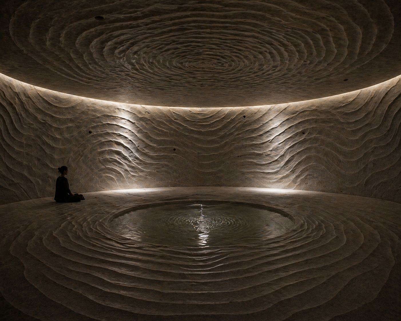 A person sitting cross-legged in meditation inside a dimly lit, sculptural, cave-like room with textured, wave-like walls and a circular water feature on the floor.