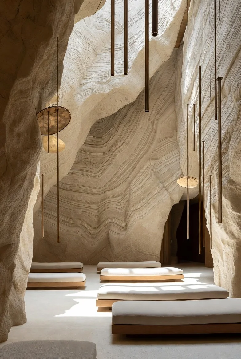 Interior of a space with natural rock walls and ceiling, minimalist benches, and hanging pendant lights.