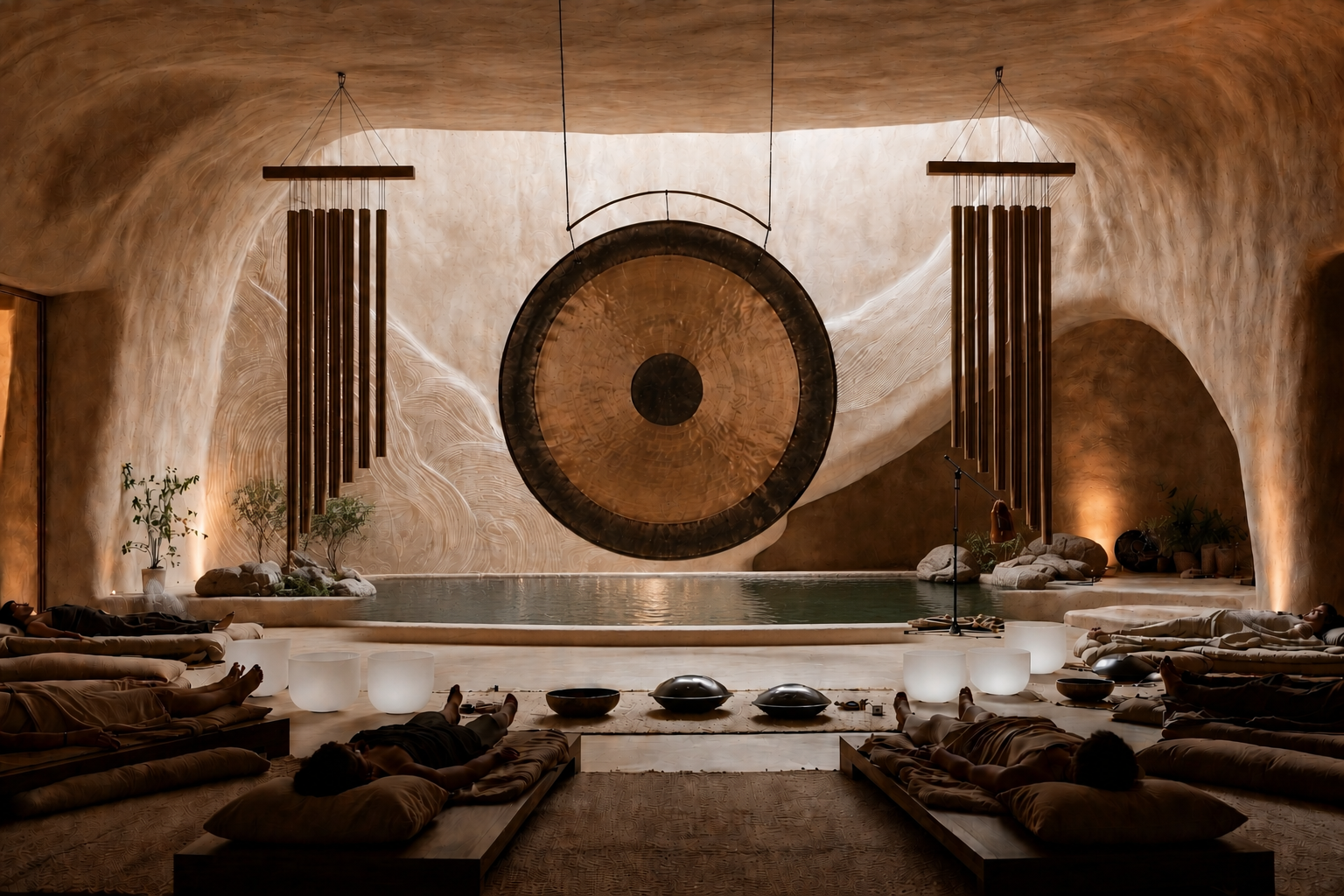 People relaxing on lounge chairs inside a spa room with a large gong, hanging wind chimes, and soft lighting.
