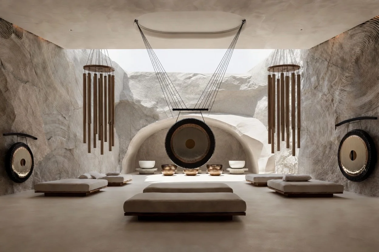 Interior room with stone walls, large hanging chimes, a gong at the center, and cushions on the floor, illuminated by natural light from an opening in the ceiling.