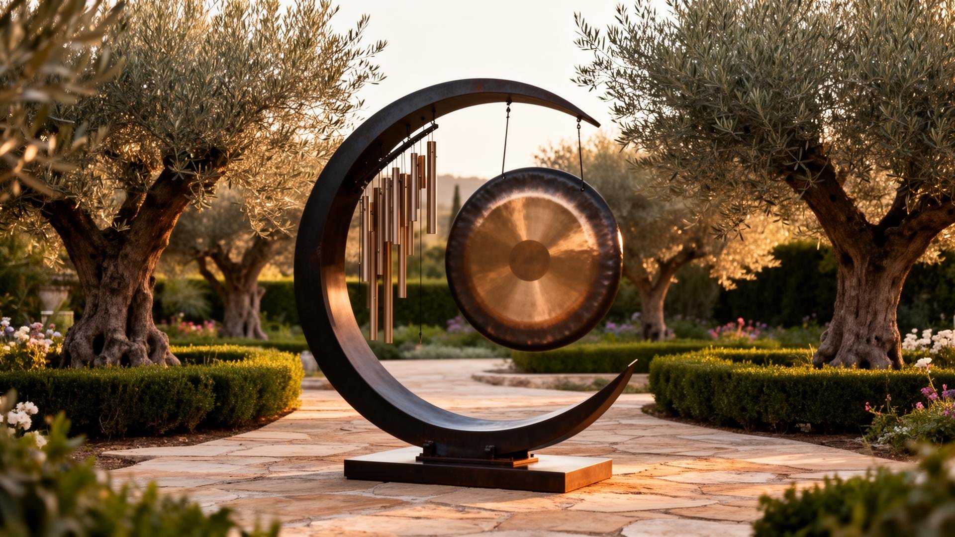 A decorative sculpture of a crescent moon and a large gong with hanging chimes, set in a garden with olive trees and blooming flowers during sunset.