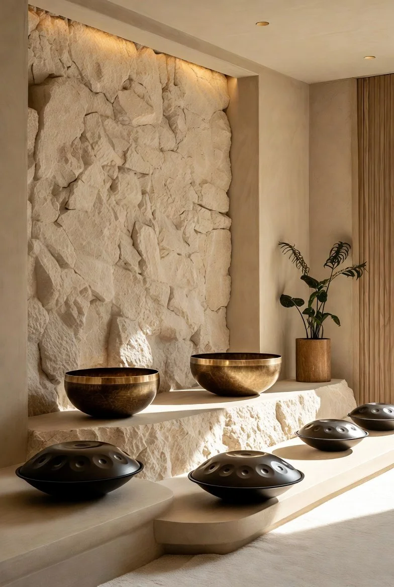 Decorative interior space with a textured stone wall, two brass bowls on a ledge, a potted plant, and four black UFO-shaped objects on a ledge, with soft lighting and minimalist design.