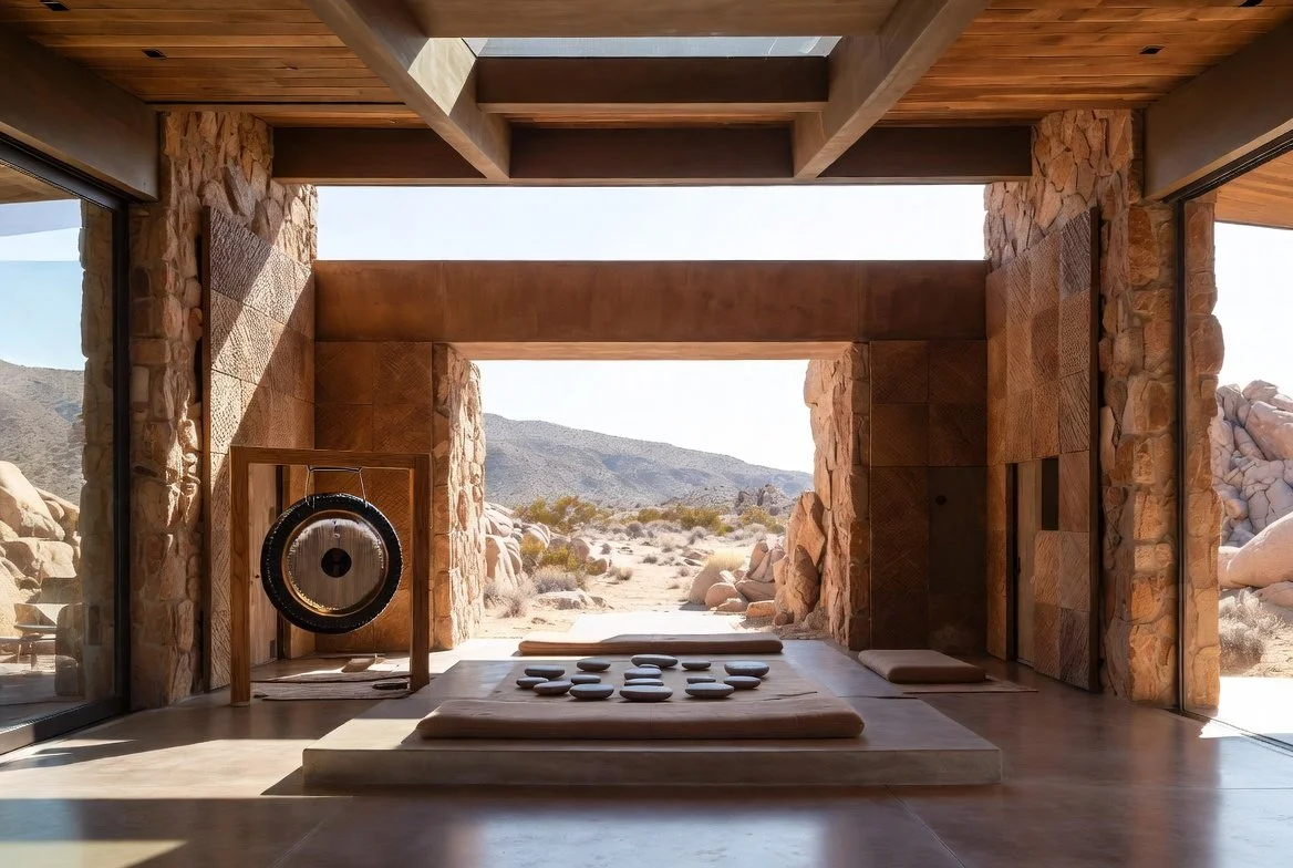 Indoor space with stone walls and large glass doors opening to a desert landscape with rocks and mountains, featuring cushions and stones on the floor, and a large gong on a wooden stand.