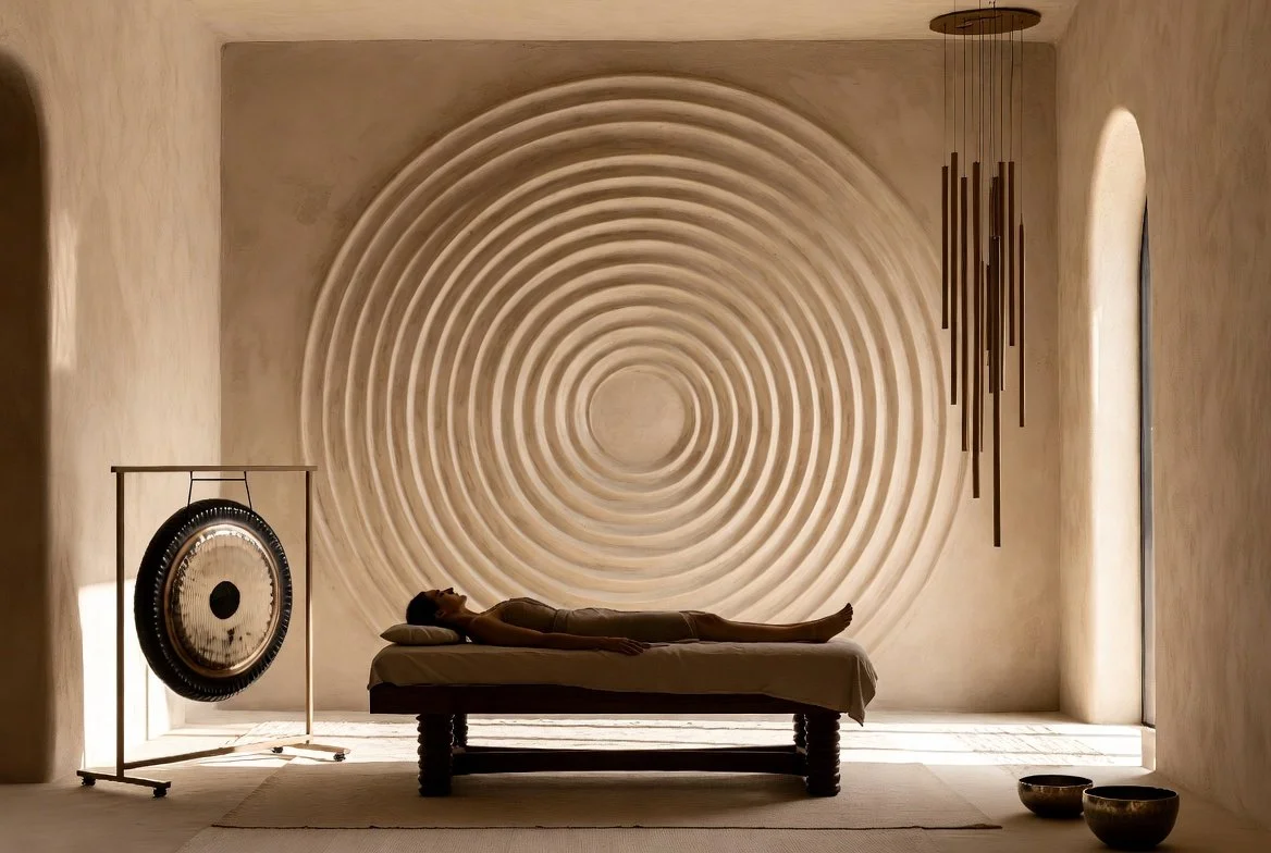 A person lying on a bed in a minimalistic room with textured walls and geometric decor, including a large circular wall art, a gong, and hanging pendant lights.