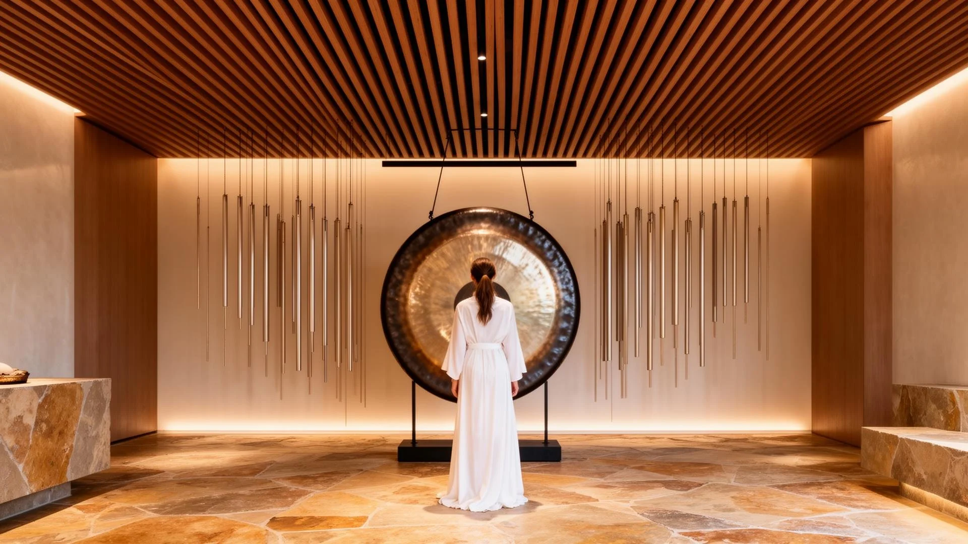 Woman in white dress standing in front of large gong in modern interior with wooden ceiling and geometric lighting
