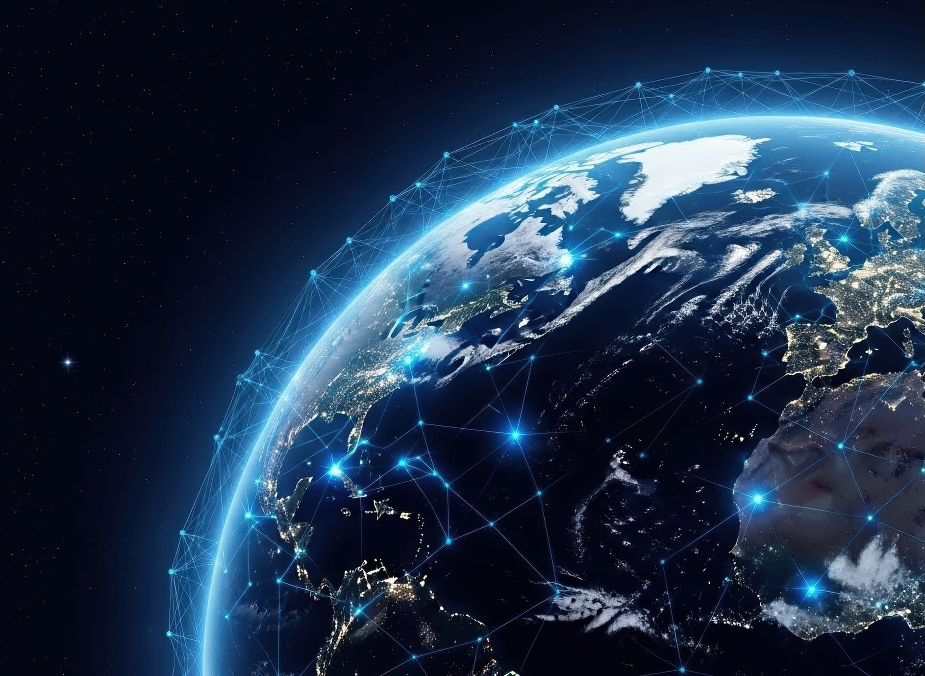 A digital rendering of Earth from space, showing continents and clouds, with a network of glowing blue lines and dots representing global connectivity.