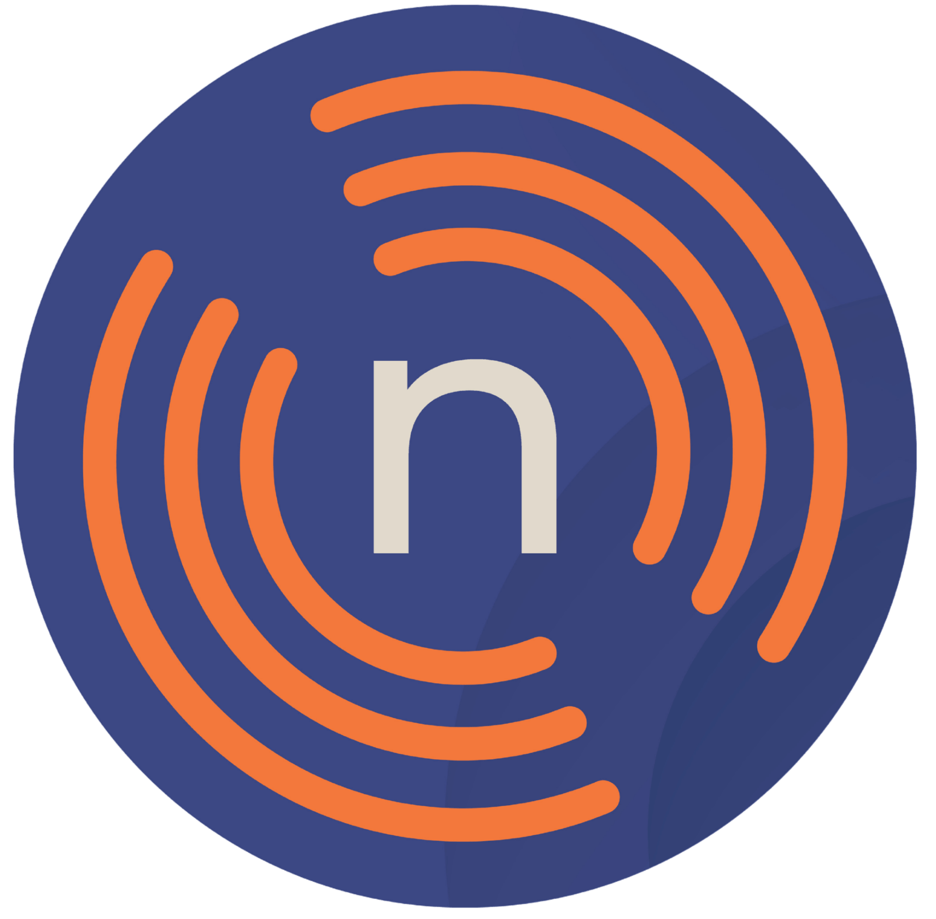 Submark of the NOEMA logo featuring a dark blue circular background with orange concentric curved lines and a grey lowercase 'n' in the center.