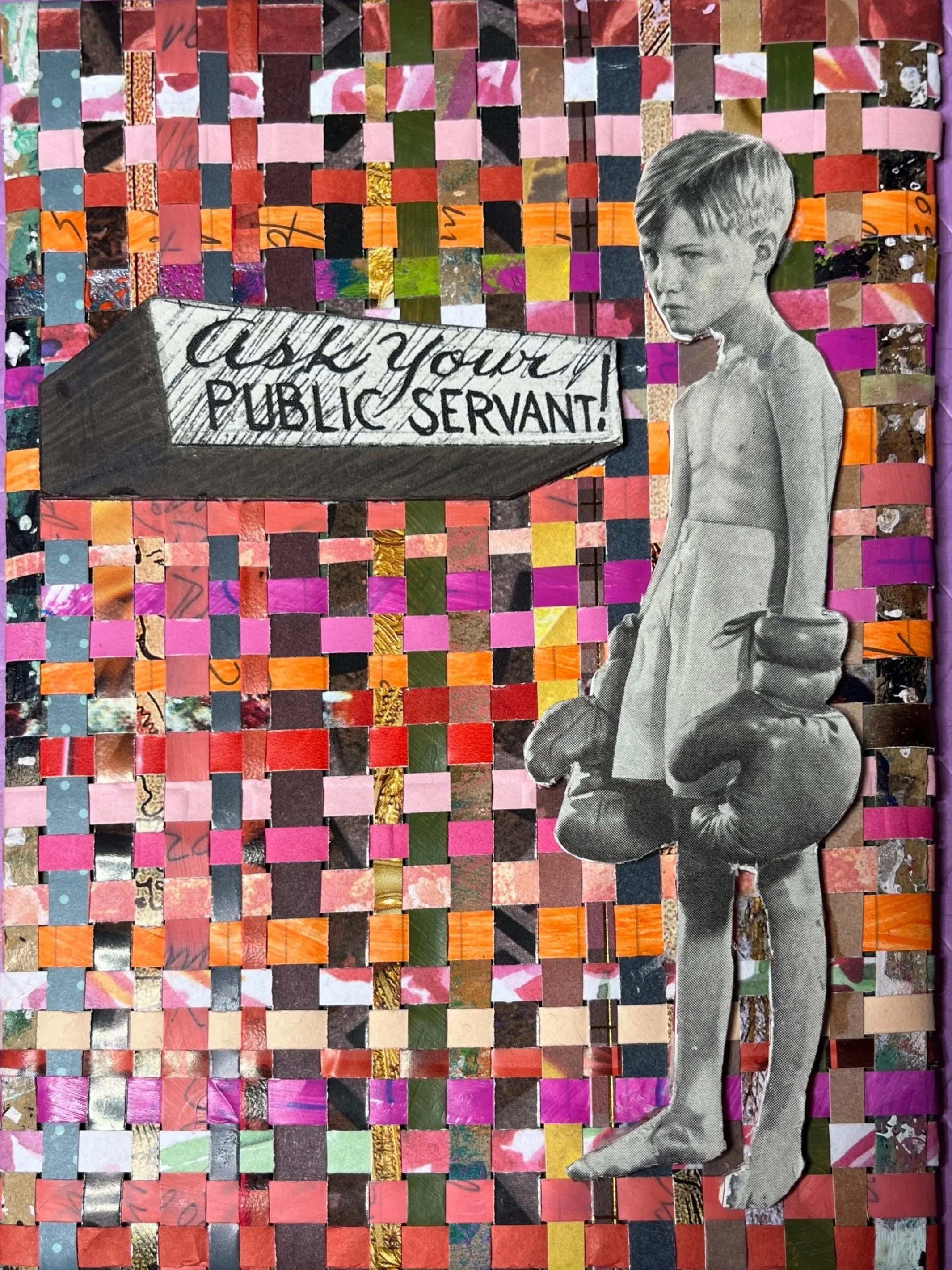 boy wearing boxing gloves with text "ask your public servant"