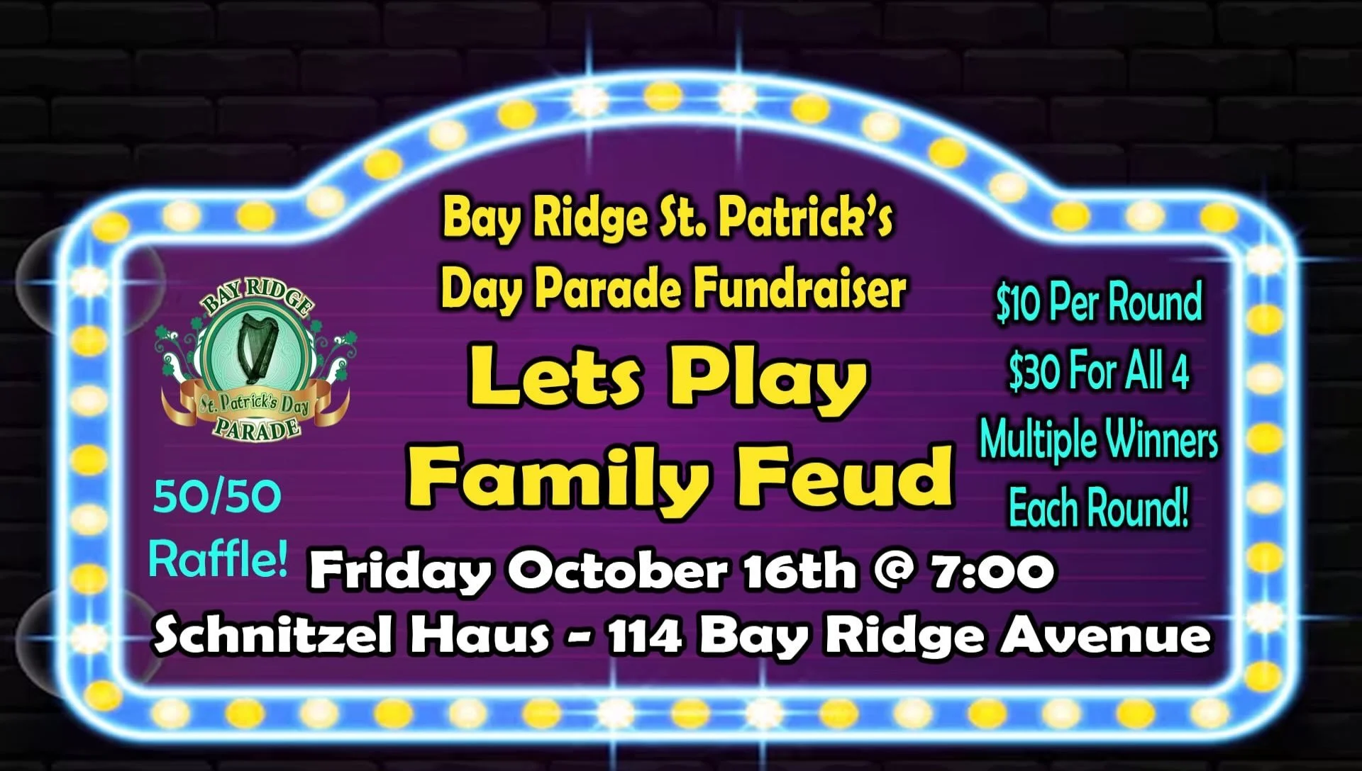 Hey all! I&rsquo;m hosting a fundraiser tonight, Friday Oct 16th at 7 at @schnitzelhausbk to raise money for the St Patrick&rsquo;s Day Parade in #bayridge . No tickets needed, just come by, play family feud and win big! All the information is on the