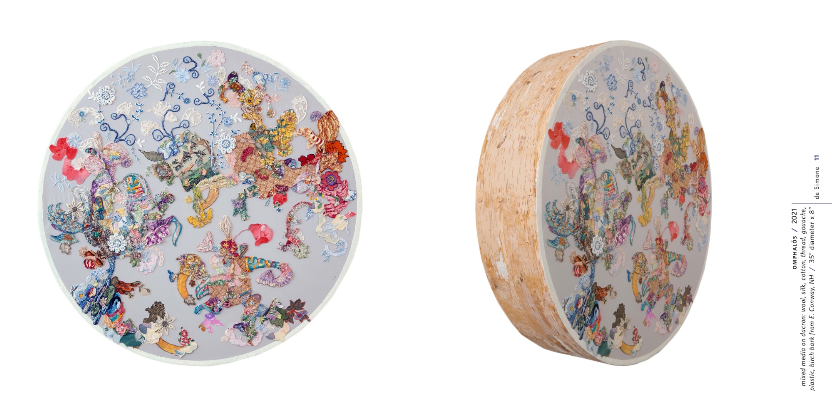 Circular art piece featuring colorful embroidery and floral motifs, displayed from top and side angles.