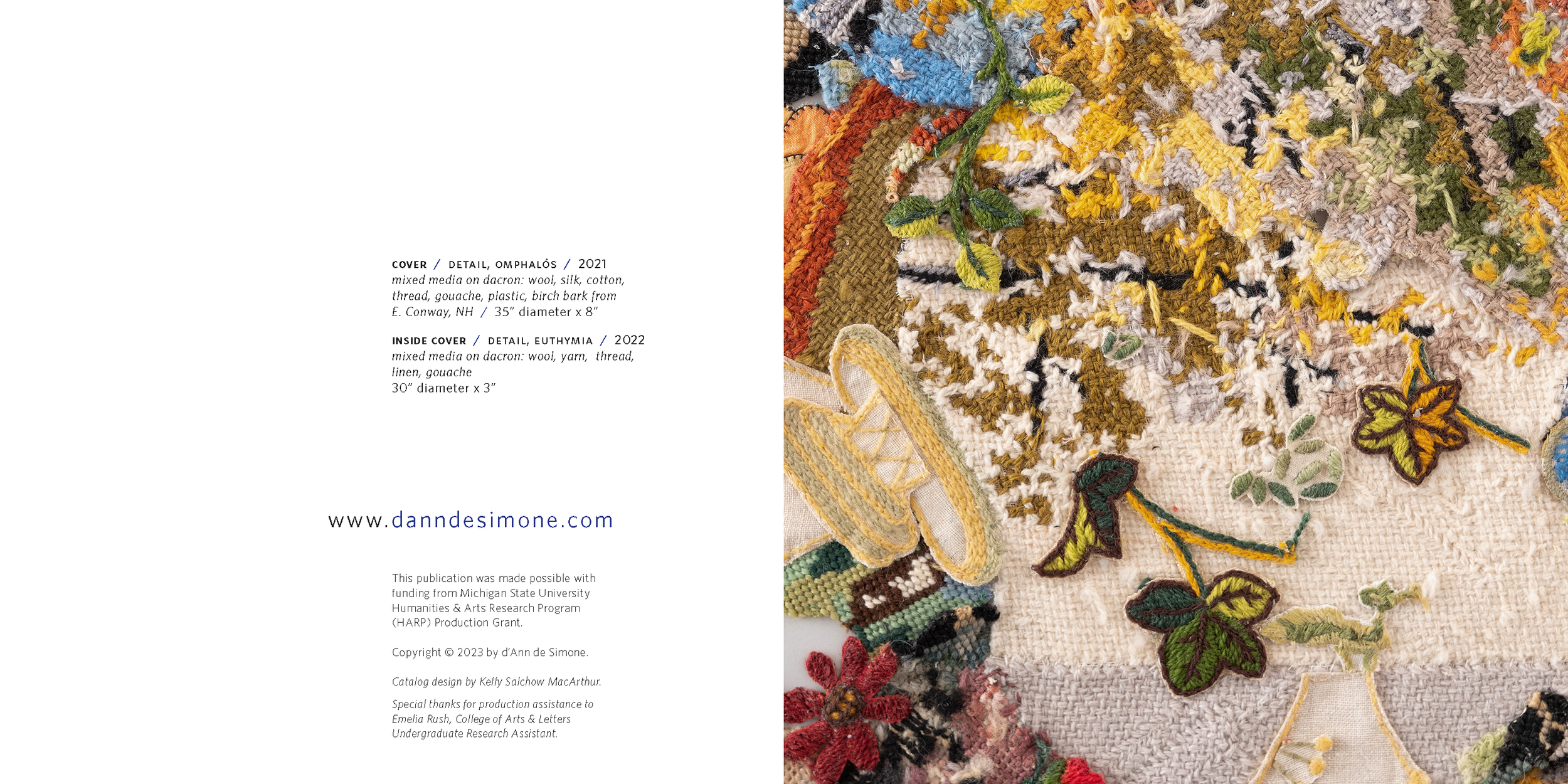 Close-up of embroidered textile art with various floral and leaf patterns using mixed media on dacron, featuring textures and colorful threadwork.
