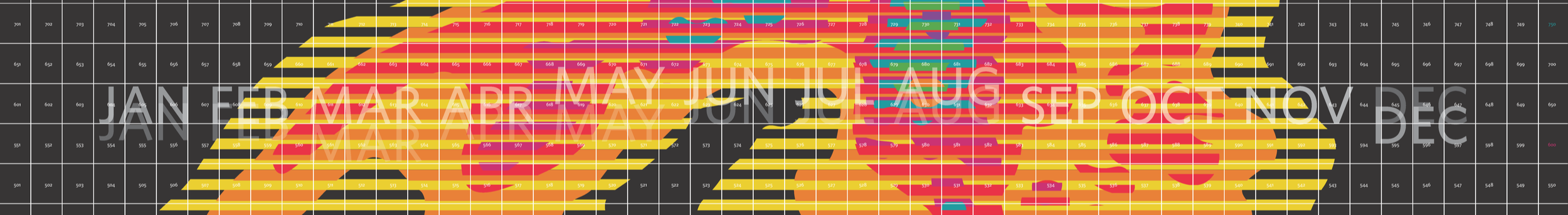 A colorful calendar with a black background, displaying months from January to December, overlaid with a pattern in yellow, orange, red, and teal. The months are written in large, transparent white text.