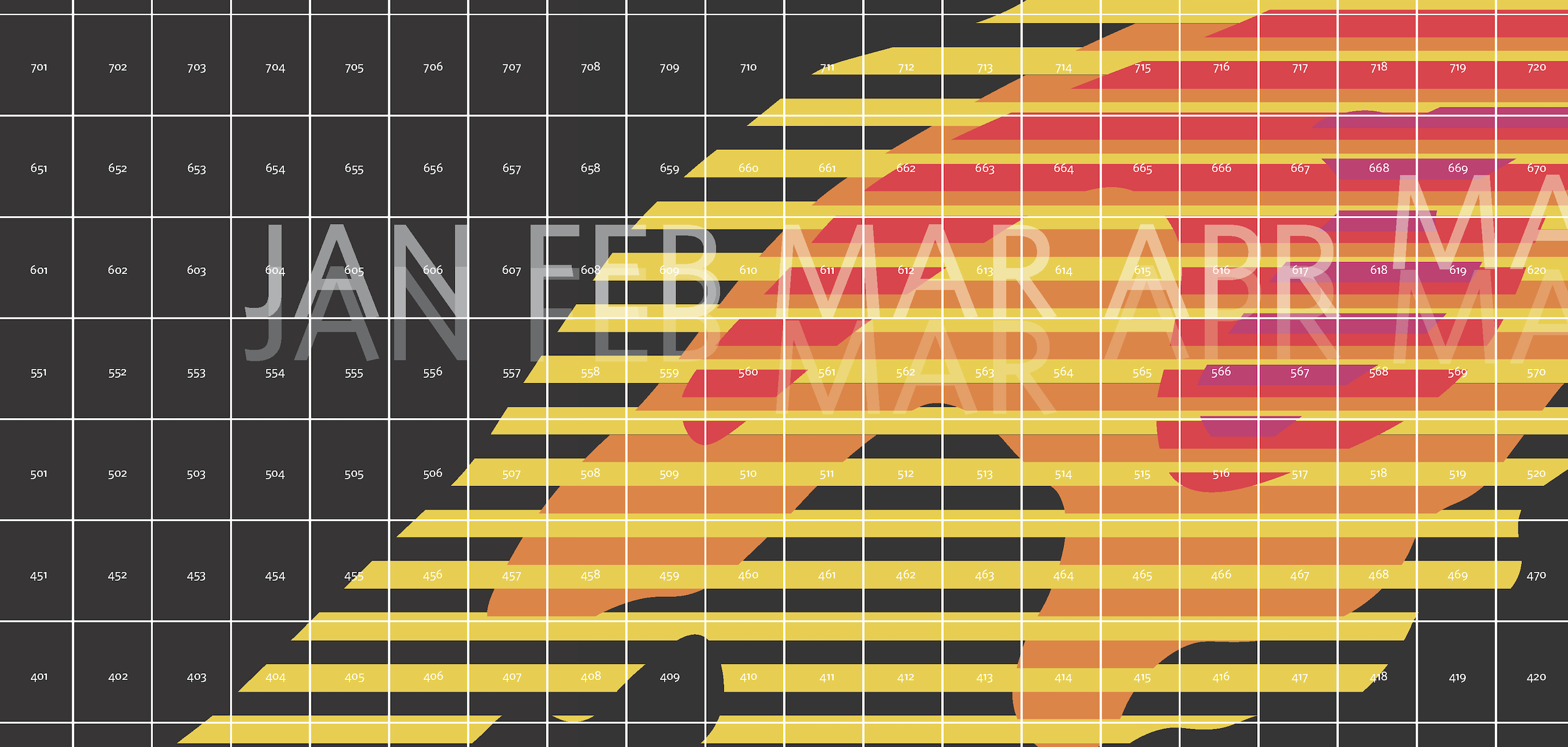 A topographic map with color-coded regions layered over a grid of black and white numbers, overlaid with large, semi-transparent text 'JAN - MAY'.